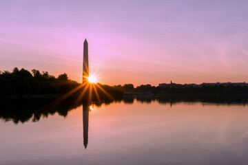 Washington DC panorama at Tidal Basin during sunrise. US capitol landscape of National Mall with distinctive obelisk of Washington Monument at sunrise.