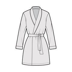 Bathrobe Dressing gown technical fashion illustration with wrap opening, mini length, oversized, tie, long sleeves. Flat garment apparel front, grey color style. Women, men unisex CAD mockup