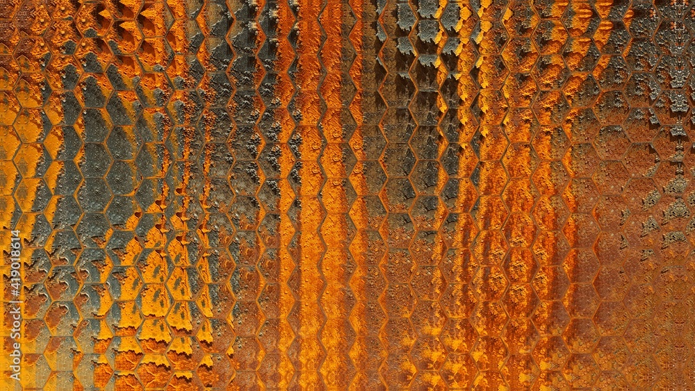 Poster closeup of extreme rust oxidation flakes and patterns in bright orange colour and golden yellow hexa