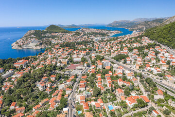 Fototapeta na wymiar Aerial drone shot of high way from Old town Dubrovnik to Lapad Peninsula in Croatia summer noon