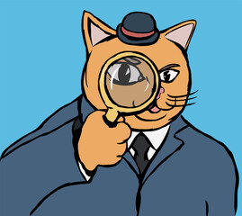 Detective cat in a business suit and bowler hat with a magnifying glass. Vector illustration.