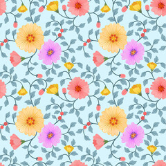 Colorful flowers on a light blue color seamless pattern for fabric textile background and backdrop.