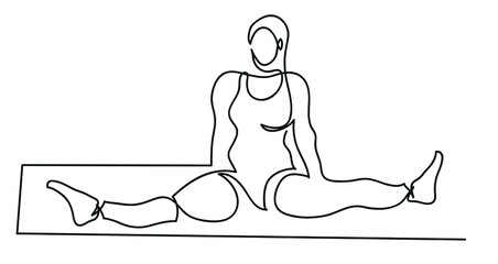 One line drawing of ballerina in a bodysuit sits in a cross twine.
One continuous line drawing of sitting ballerina.