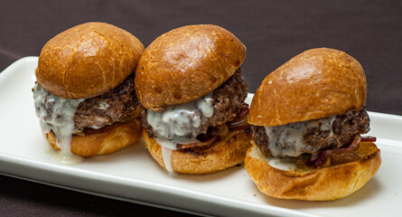 Sliders Bacon Carmelized Onion Blue Cheese Fondue