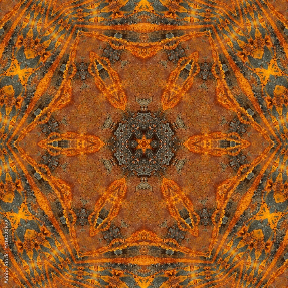 Poster closeup of extreme rust oxidation flakes and patterns in bright orange colour and golden yellow hexa