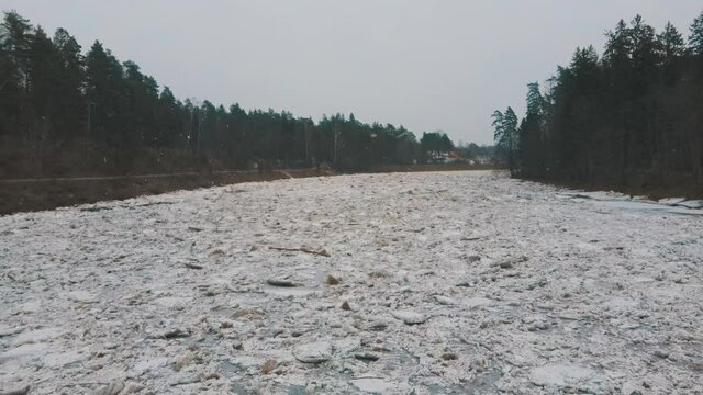 Huge Ice Loads Drift in the River Ogre, Latvia. Aerial Dron Shot in Snowy Mart Day. Congestion on the River in the Spring. A Large Cluster of Moving Ice Blocks
