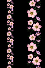 A seamless ribbon border of Hellebore flowers and buds is painted in watercolor on a black background