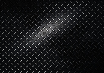 Vintage background of metal diamond plate in a dark gray color. A bright spot of light in the...