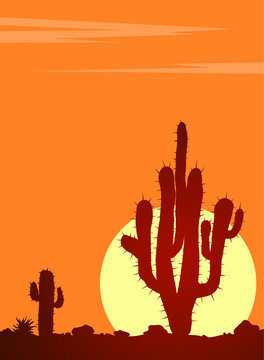 Sunset in lifless stone desert with cacti. Vector landscape with huge warm sun in desert.