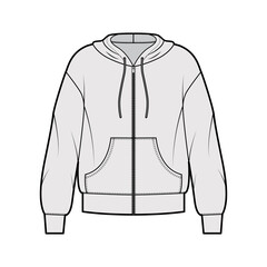 Zip-up Hoody sweatshirt technical fashion illustration with long sleeves, oversized body, kangaroo pouch, banded hem. Flat large apparel template front, grey color. Women, men, unisex CAD mockup