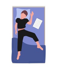 Man sleeps alone in bed in relax pose. Guy in pajama sleeping at night. Near lies book on sheet. Man smiles in dream. Male character. Top view. Flat cartoon vector illustration.