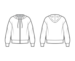 Zip-up Hoody sweatshirt technical fashion illustration with long sleeves, oversized body, banded hem, cuff. Flat large apparel template front, back, white color style. Women, men, unisex CAD mockup