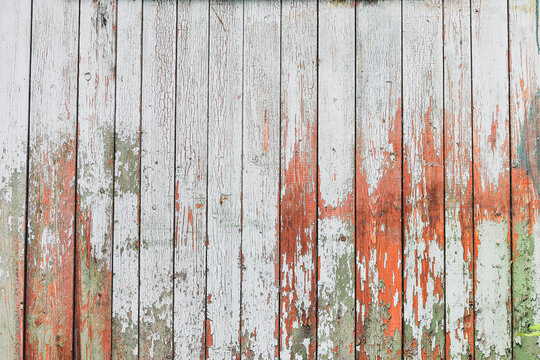 Light Blue Red And Green Weathered Wooden Background With Cracked Paint.