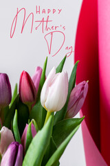 Happy Mother's Day postcard with text. Beautiful Bunch of Colorful Classic Tulips in the Vase on pink background, spring holiday concept