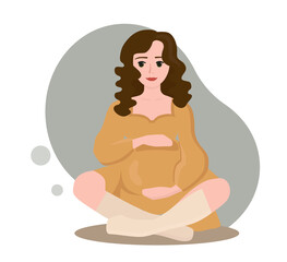 Flat style illustration. Pregnant woman sitting cross-legged. She touching her pregnant belly with her hands. The woman is very beautiful and looks happy. She has curly hair.