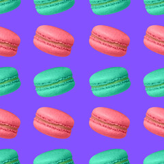 French biscuits Conceptual seamless photo pattern in high quality Pink and blue macarons on purple background