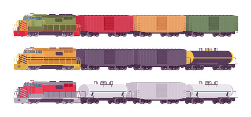 Rail Freight train set, goods wagons on railway transporting cargo. Varied color railroad shipper, heavy rail carrier. Vector flat style cartoon illustration isolated on white background