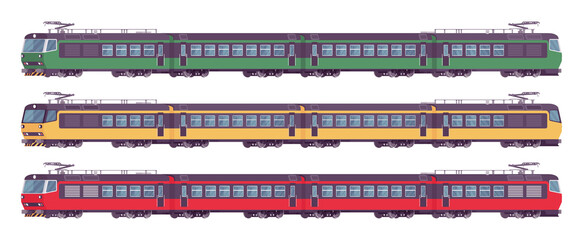 Passenger electric trains bright set, rail transport. Bright locomotive, green, yellow, red color, travel and transportation. Vector flat style cartoon illustration isolated on white background