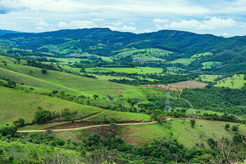 Countryside landscape of farms at mountains and rural roads of Capitólio - MG, Minas Gerais state, Brazil. 