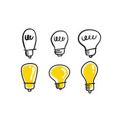 Light bulb doodle collection. Set of hand drawn electric lamp. Symbol of idea, innovation and solution.