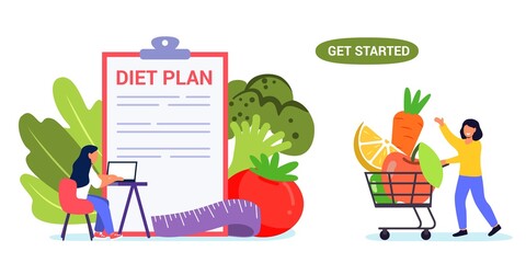Diet plan vector website template Tiny people nutritionist and diet plan checklist with vegetables and fruit Vegan diet programs Healthy eating concept