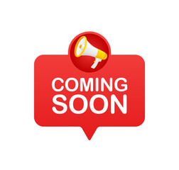 Coming soon megaphone on white background for flyer design. Vector illustration in flat style.