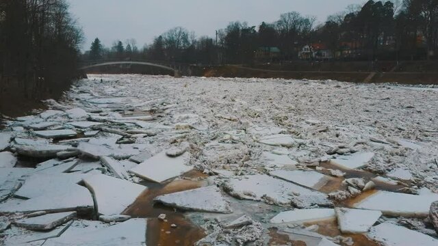 Huge Ice Loads Drift in the River Ogre, Latvia. Aerial Dron Shot in Snowy Mart Day. Congestion on the River in the Spring. A Large Cluster of Moving Ice Blocks