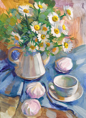 Daisies in a vase. Still life with a bouquet of flowers. Gouache painting