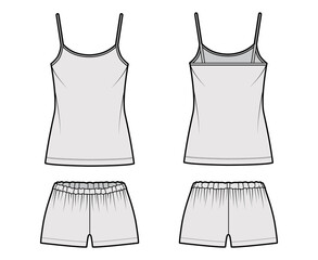 Camisole Pajama short Sleepwear technical fashion illustration with scoop neck cami, mini length, oversized, low elastic waist. Flat apparel front back, grey color style. Women, men unisex CAD mockup