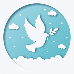 dove of peace with a branch of olive flies in the sky postcard in paper cut  style