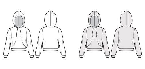 Hoody sweatshirt technical fashion illustration with long sleeves, relax body, kangaroo pouch, banded hem, drawstring. Flat apparel template front, back, white, grey color. Women, unisex CAD mockup