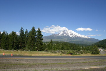 Mt Shasta from the 15 Freeway Northern California with a Conifer Wood Stand on the Left Frame