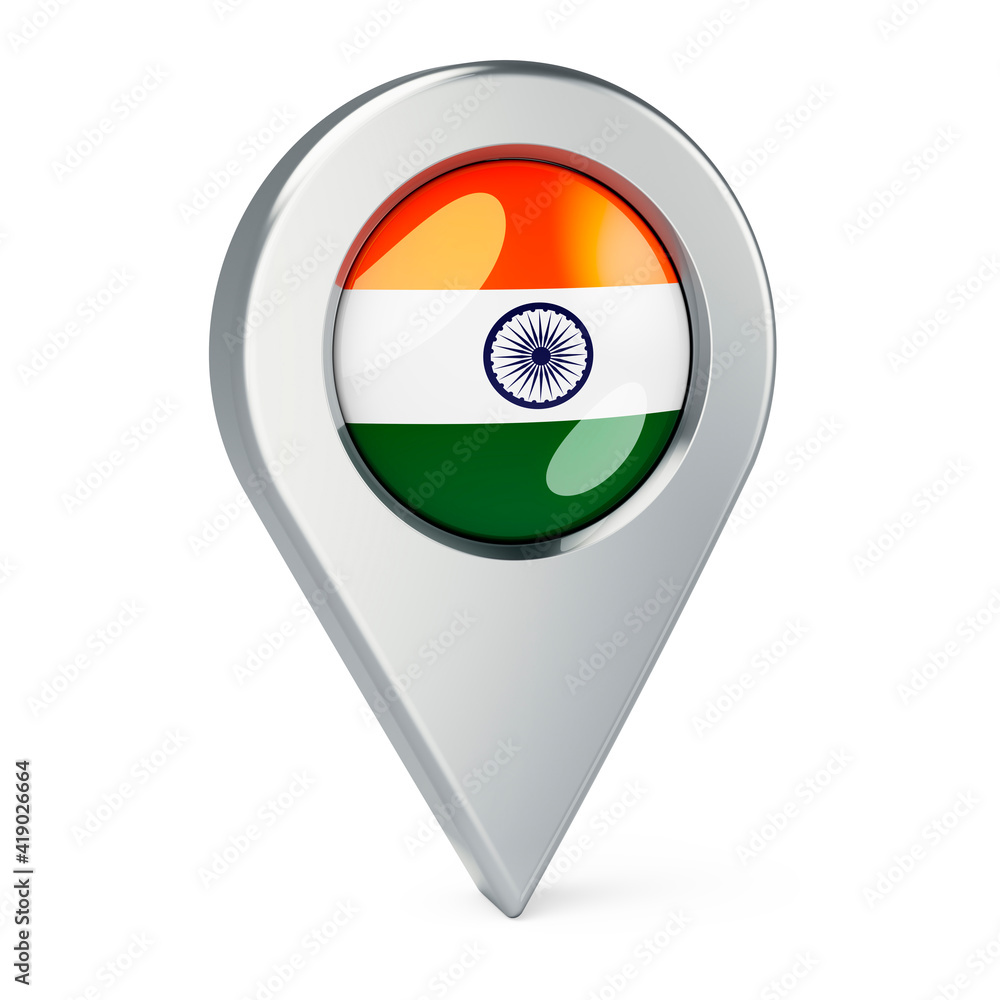 Poster map pointer with flag of india, 3d rendering