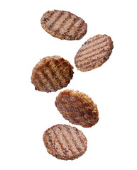 Falling grilled hamburger meat isolated on white background