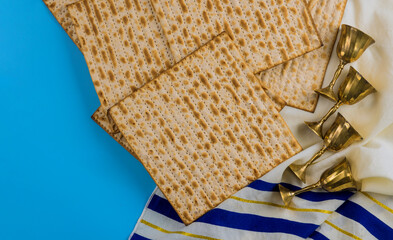 Pesach holiday celebration, matza unleavened bread and four cup kosher wine
