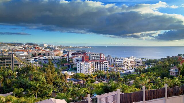 TENERIFE, CANARY ISLANDS, SPAIN - FEBRUARY 2021. 
Tourist area Las Americas. Gran Hotel Bahia del Duque Resort.
GF Gran costa Adeje. Centro Comercial Plaza del Duque. GF Victoria. 