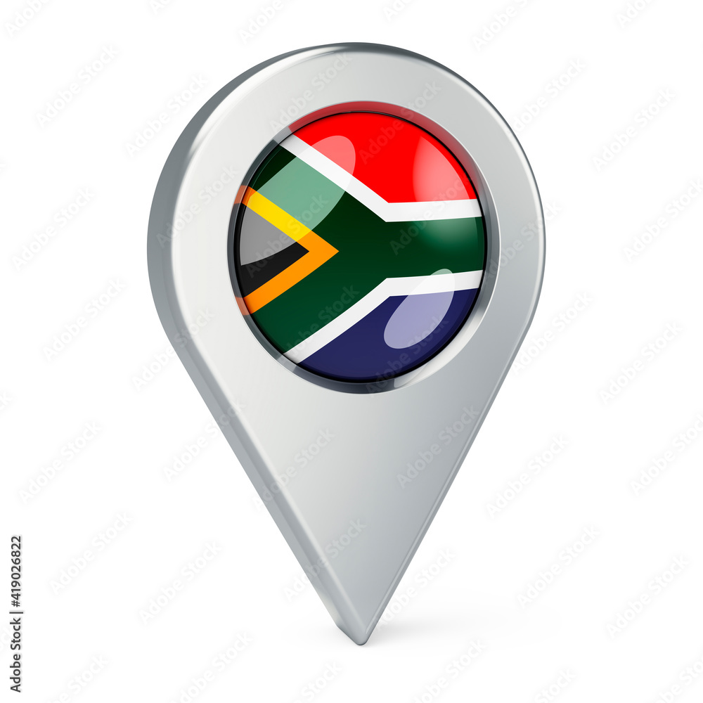 Poster map pointer with flag of south africa, 3d rendering