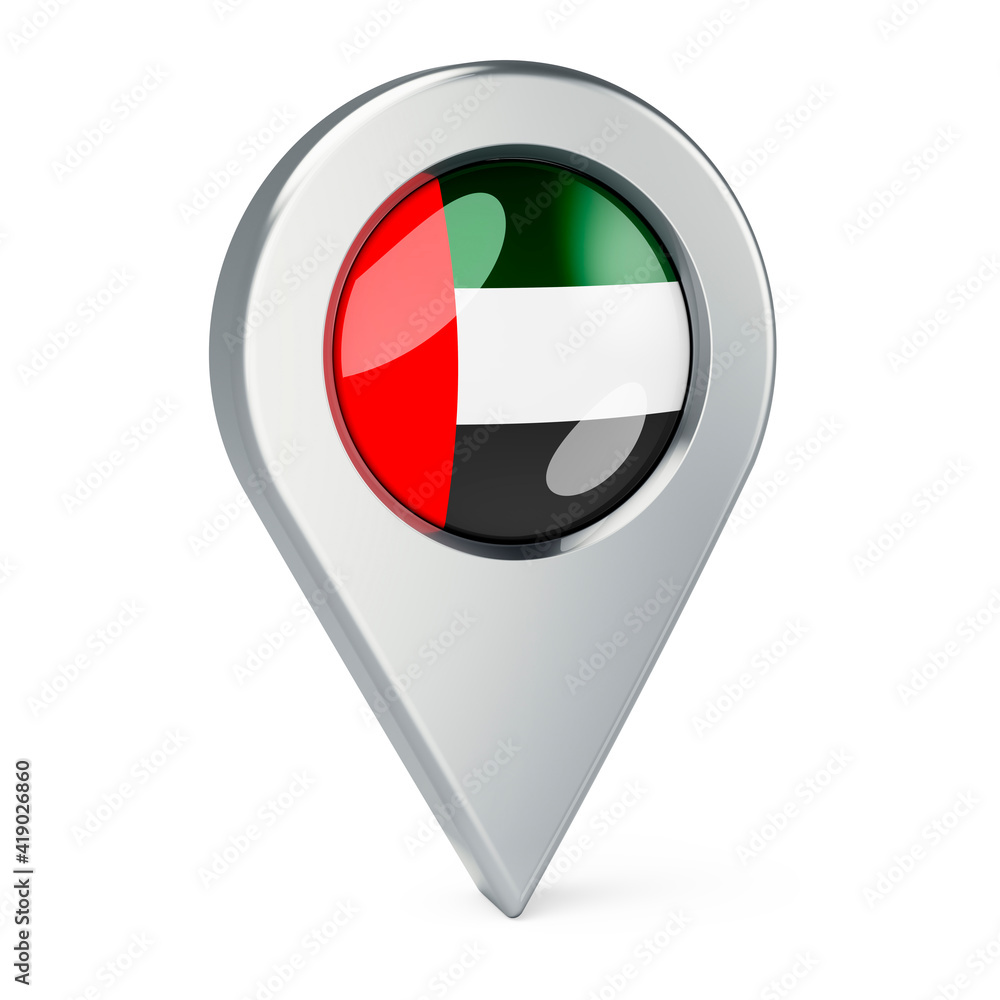 Poster map pointer with flag of the united arab emirates, 3d rendering