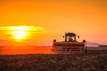 Fototapeta premium Beautiful sunset, farmer in tractor preparing land with seedbed cultivator