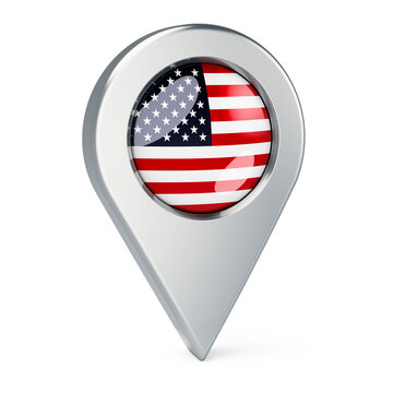 Map pointer with flag of the United States, 3D rendering
