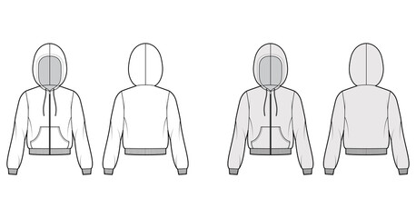 Zip-up Hoody sweatshirt technical fashion illustration with long sleeves, relax body, kangaroo pouch, knit rib cuff, banded hem. Flat template front, back, white, grey color. Women, men CAD mockup © Vectoressa