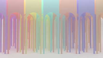 Round rainbow arches. A room with colored walls. Colorful interior. Pastel colors. 3d render.