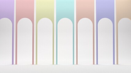 Round colored arches on a white background. A room with colored walls. Rainbow interior. Pastel colors. 3d render.