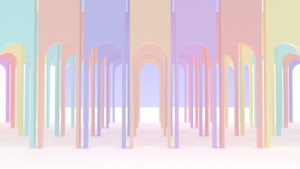 Round colored arches. A room with colored walls. Rainbow interior. Pastel colors. 3d render.