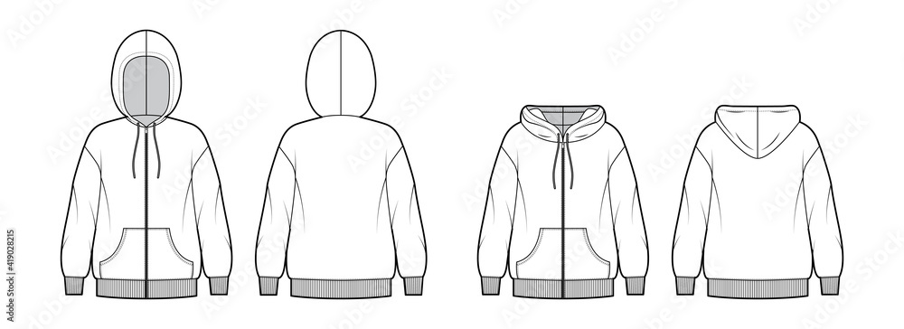 Wall mural set of zip-up hoody sweatshirt technical fashion illustration with long sleeves, oversized body, kan - Wall murals