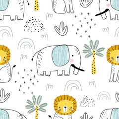 Seamless safari pattern with lion cub and elephant, cactus and palm trees on white background. Vector illustration for printing on packaging paper, fabric, postcard, clothing. 