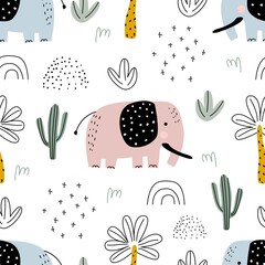 Naadloze safari patroon met olifant, cactus en palmbomen op witte achtergrond. Vectorillustratie voor afdrukken op verpakkingspapier, stof, ansichtkaart, kleding. Leuke kinderachtergrond