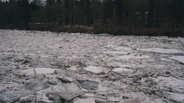 Huge Ice Loads Drift in the River Ogre, Latvia. Stedicam Shot in Snowy Mart Day. Congestion on the River in the Spring. A Large Cluster of Moving Ice Blocks