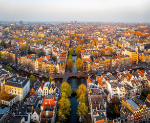 Aerial view of Amsterdam after sunset, Netherlands