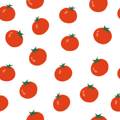 Seamless vector pattern of red tomatoes in isolated on white background. Bright vegetables for autumn farmers market design.